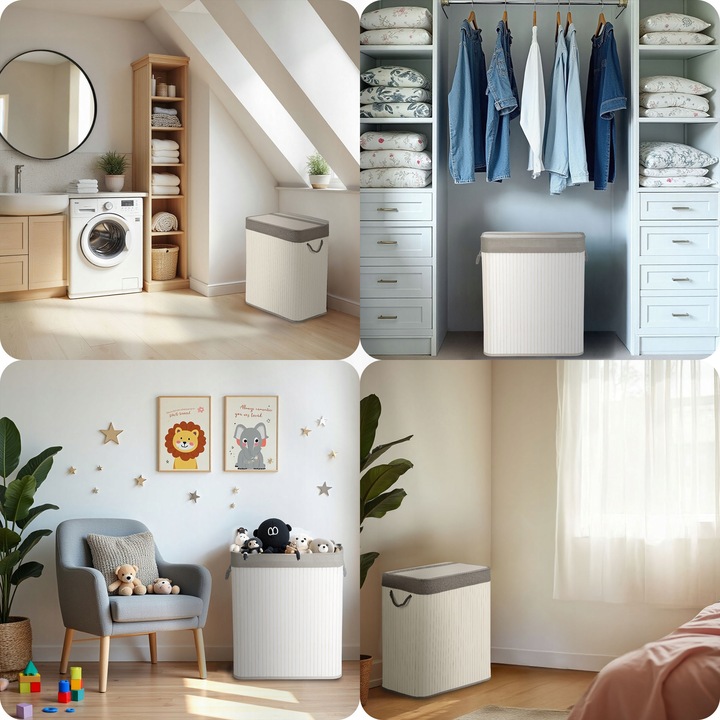 BAMBUSOWY KOSZ NA PRANIE BIELIZNĘ DUŻY POJEMNIK Z POKRYWĄ 2 KOMORY 100L