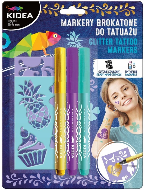 Kidea Markery Brokatowe do tatuażu z szablonami x 2 zestawy 6 kolorów
