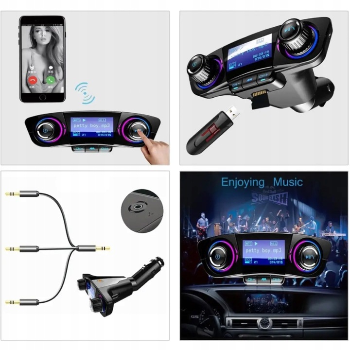 Transmiter FM Samochodowy Bluetooth 5.0 USB micro SD 8w1 AUX Ładowarka