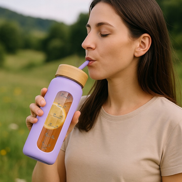 Szklana butelka na wodę z motywywacją miarką z 2 słomkami bidon z