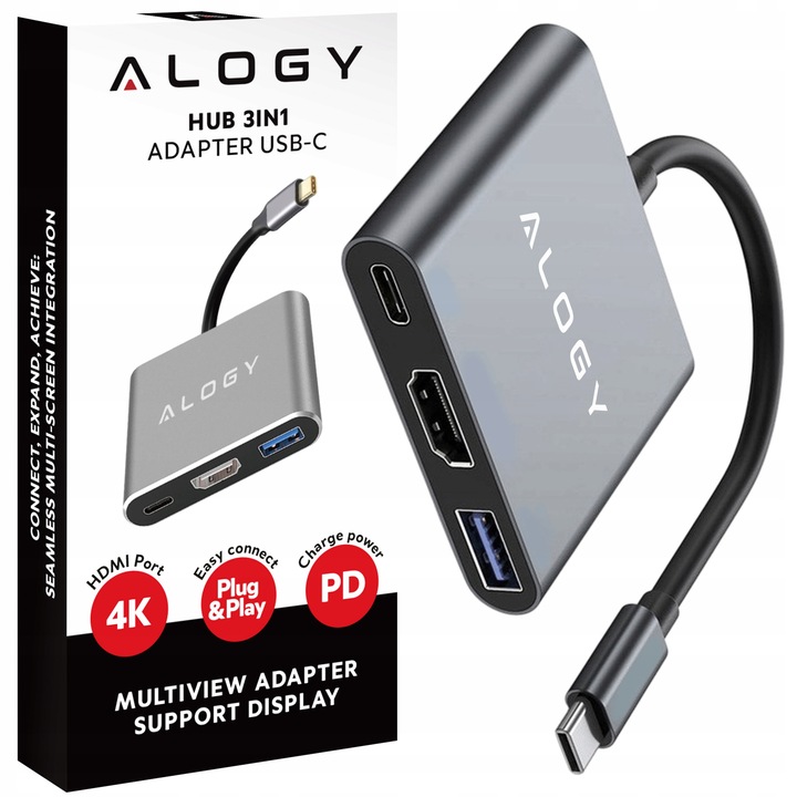 Adapter Przejściówka ALOGY 3w1 MHL HUB USB C HDMI PD do MacBook Samsung