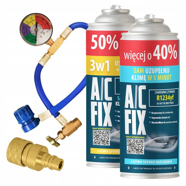 A/C FIX Uszczelniacz 3w1 + GAZ R1234YF +40% + PRZEWÓD Z MANOMETEM +ADAPTER