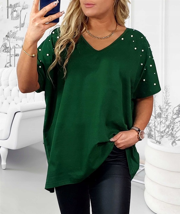T-SHIRT KOSZULKA BAWEŁNA perły perełki V dekolt oversize plus size T31