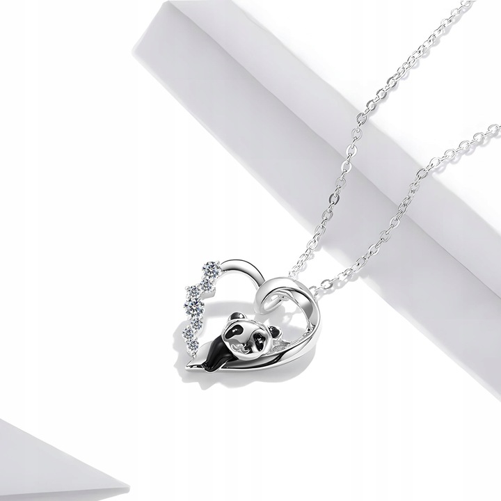 Srebrny Naszyjnik 925 Serduszko z Pandą Serce z Cyrkoniami bff Panda SREBRO