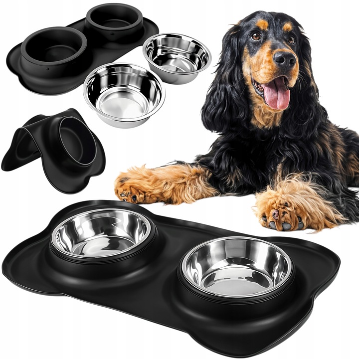 PODWÓJNA MISKA DLA PSA KOTA ANTYPOŚLIZGOWA + PODKŁADKA POD MISKI 2x450 ml