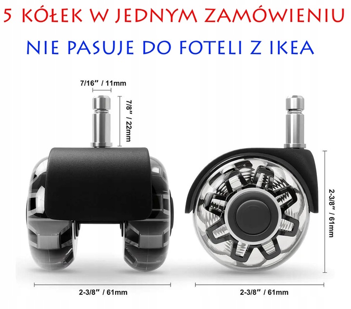 KÓŁKA DO FOTELA Obrotowego Krzesła Kauczukowe Gumowe Silikonowe 11mm