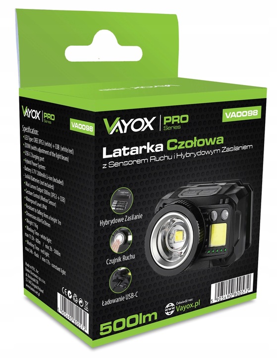LATARKA CZOŁOWA LED CZOŁÓWKA AKUMULATOROWA MOCNA ZOOM USB C 500lm PRO VAYOX