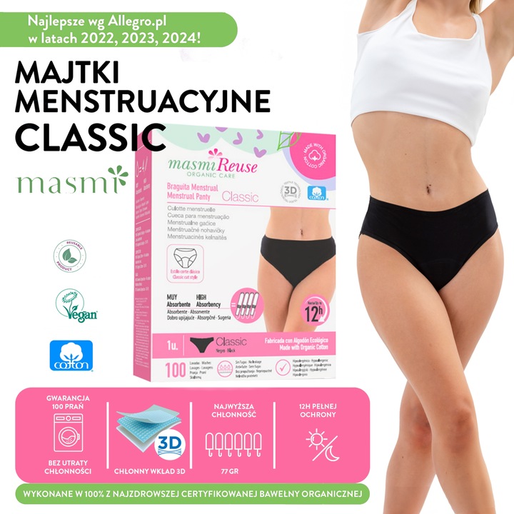 Majtki menstruacyjne ekologiczne Masmi CLASSIC L 100% bawełna gw.100 prań