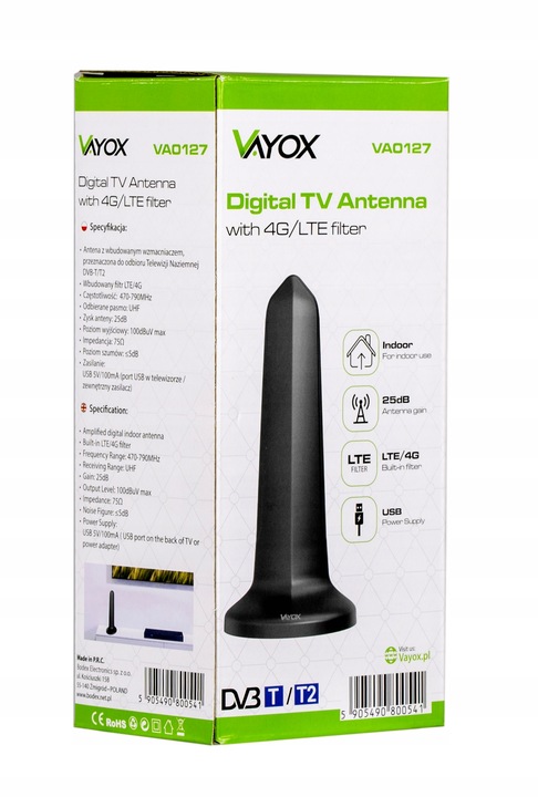 ANTENA POKOJOWA DVB-T2 DO TV NAZIEMNEJ DOOKÓLNA AKTYWNA MAGNES USB 4K VAYOX