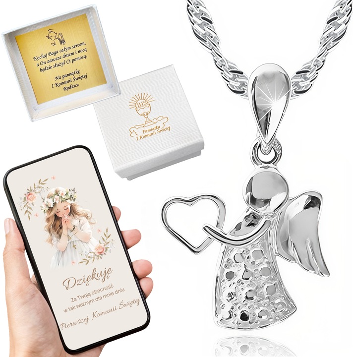 SREBRNY ŁAŃCUSZEK KOMUNIJNY I MEDALIK ANIOŁEK NA PREZENT DLA DZIEWCZYNKI