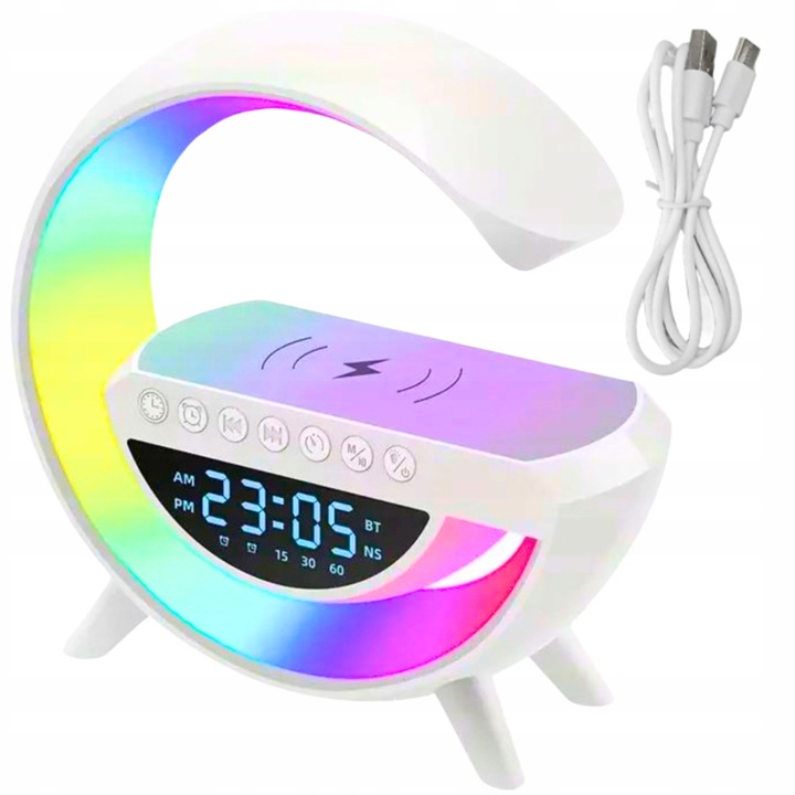 Lampka LED GAMINGOWA RGB Głośnik Ładowarka INDUKCYJNA QI Zegar Radio budzik