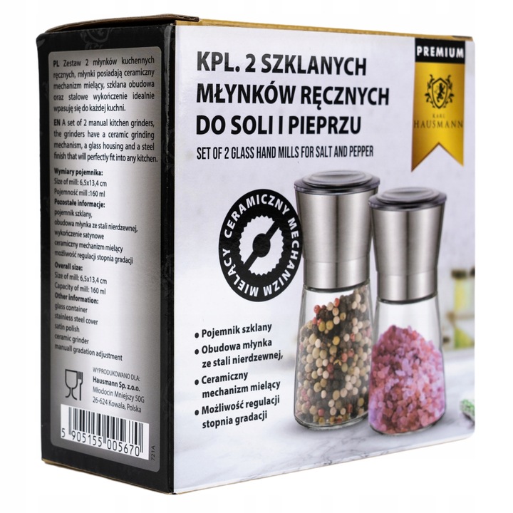 MŁYNEK RĘCZNY do SOLI i PIEPRZU ZESTAW 2szt. SZKLANE MŁYNKI KARL HAUSMANN
