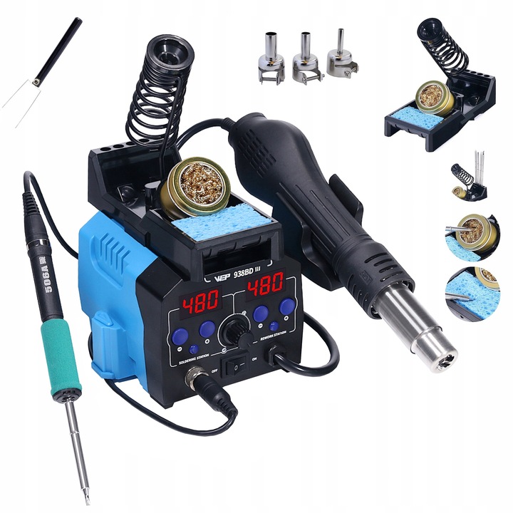 Stacja lutownicza precyzyjna HOTAIR WEP 938BD-III 775W 2w1 grot T12