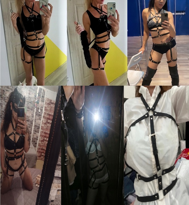 KOMPLET BIELIZNA EROTYCZNA SEXY CZARNA SKÓRZANA S