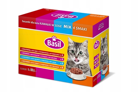 Mokra Karma dla kota KAWAŁKI w SOSIE Basil MIX 4 SMAKI 48 saszetek