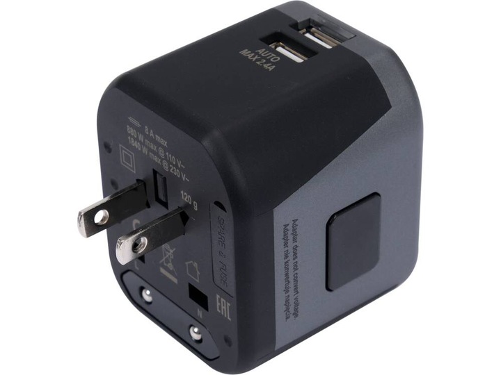 UNIWERSALNY ADAPTER PODRÓŻNY DO PONAD 150 KRAJÓW Z ŁADOWARKĄ 2X USB 5V/2,4A