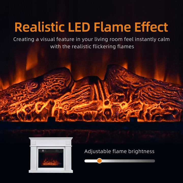 Kominek elektryczny z ogrzewaniem, płomień 3D, luksusowy biały