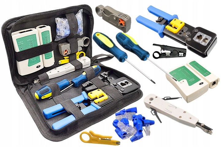ZESTAW NARZĘDZI SIECIOWYCH DO WTYKÓW PRZELOTOWYCH RJ45 TESTER ZACISKARKA