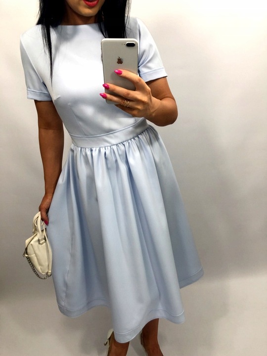 Sukienki Damskie Komunię Chrzciny Wesele Sukienka Elegancka Midi Błękit S