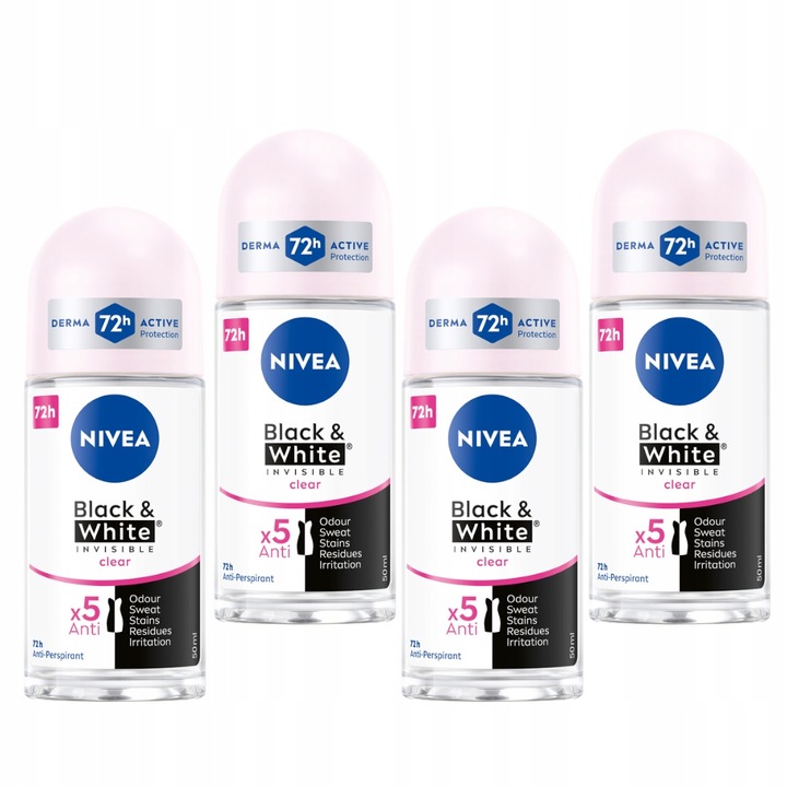 4 x NIVEA Black&White Invisible Clear Antyperspirant Roll On, 50 ml