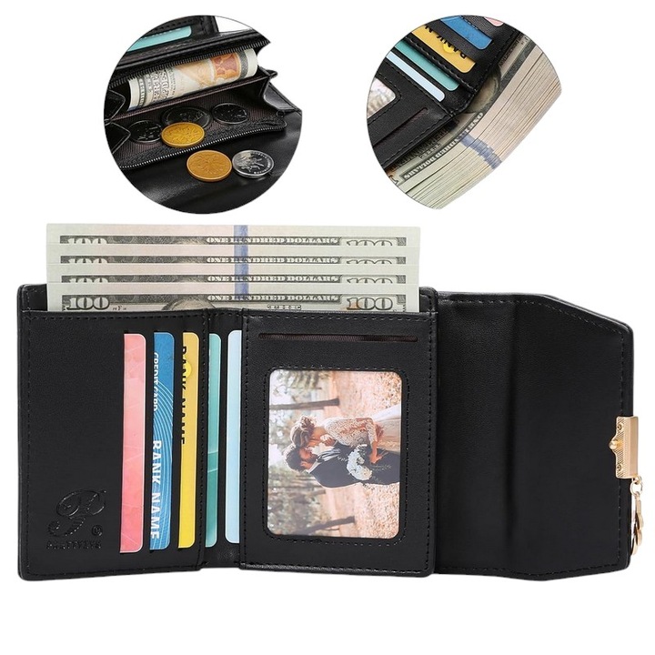 PORTFEL Damski CZARNY Mały Elegancki na Monety Karty Gotówkę Zdjęcie