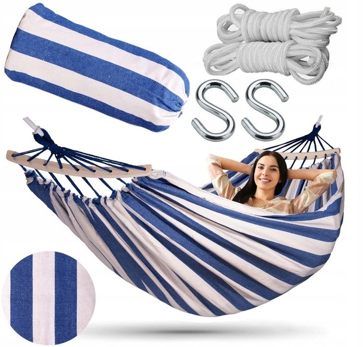 HAMAK 2 OSOBOWY Z PAŁĄKAMI 260x150 XXL MOCNY + HAKI + LINKI + POKROWIEC