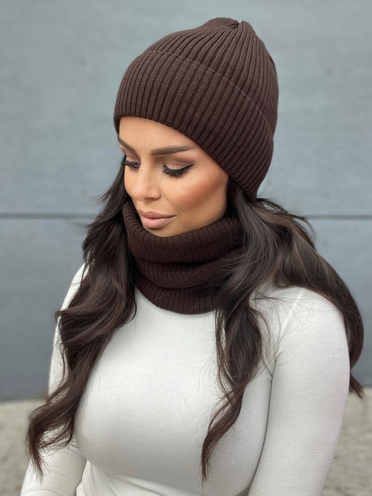 KOMPLET DAMSKI CZAPKA BEANIE KOMIN GOLF TUBA DUŻY ZESTAW BRĄZOWY