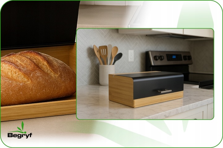 Chlebak bambusowy czarna stal pojemnik na pieczywo nowoczesny desig kuchnia