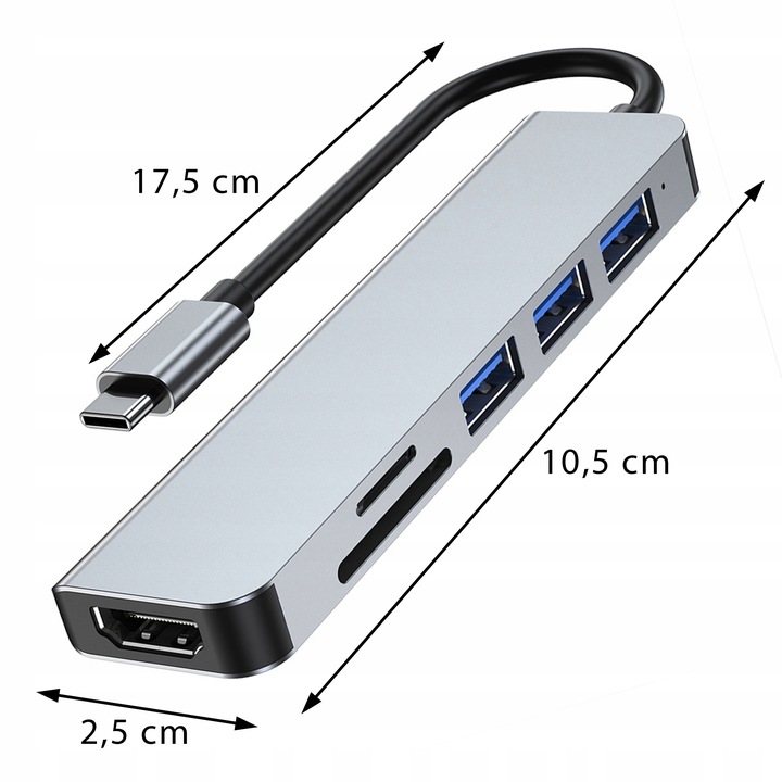HUB USB ADAPTER 6W1 ROZDZIELACZ ROZGAŁĘŹNIK USB-C 2X USB 2.0 3.0 HDMI PD SD
