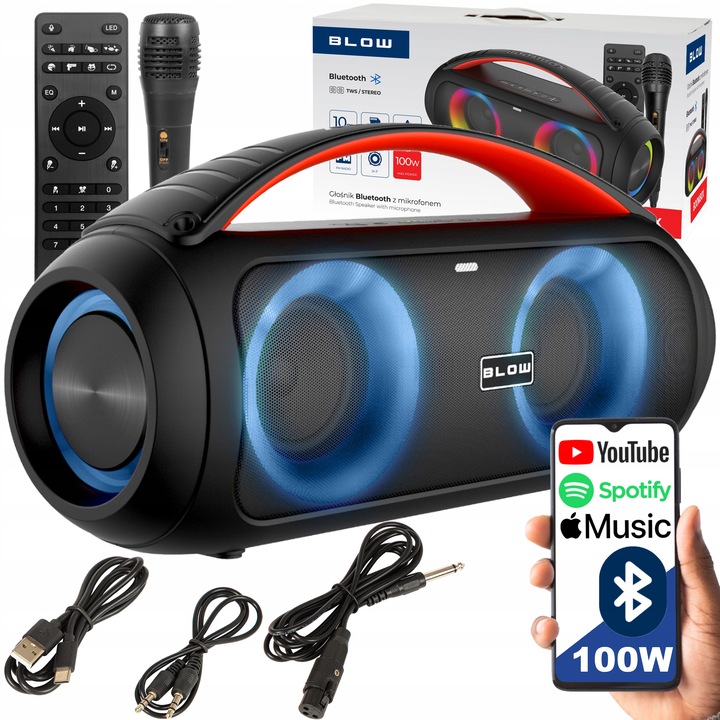 MOCNY GŁOŚNIK BLUETOOTH PRZENOŚNY BOOMBOX MIKROFON PILOT USB SD FM