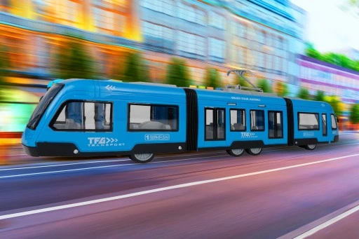 TRAMWAJ TROLEJBUS ZABAWKA NA BATERIĘ ŚWIATŁO DŹWIĘK OTWIERANE DRZWI 44CM