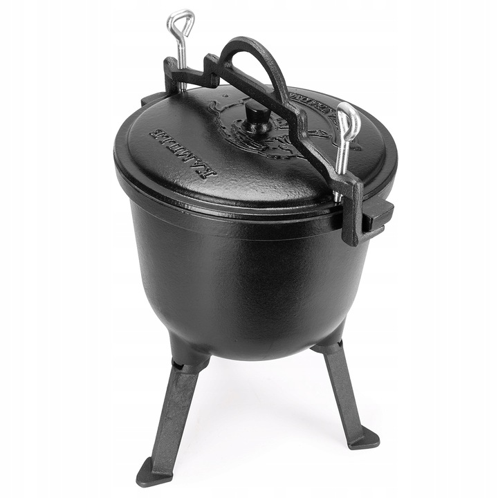 KOCIOŁEK MYŚLIWSKI ŻELIWNY EMALIOWANY GARNEK STOJĄCY NA OGNISKO 10L