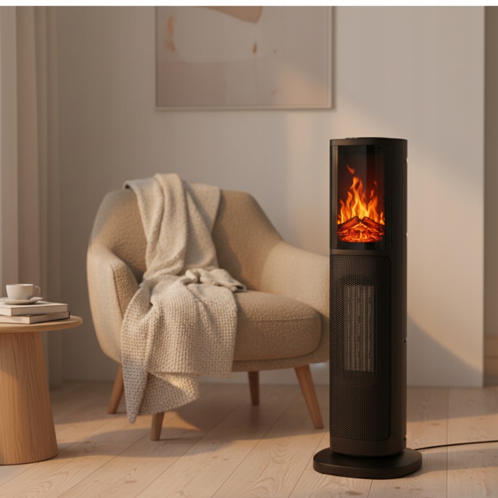 KOMINEK ELEKTRYCZNY KOLUMNOWY TERMOWENTYLATOR 2000W EFEKT PŁOMIENIA