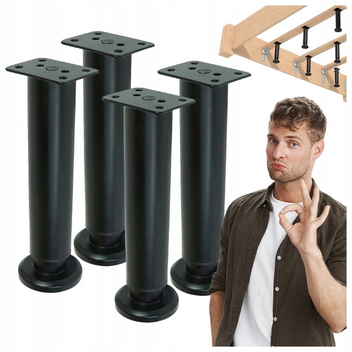METALOWE NOGI DO ŁÓŻKA SZAFEK MEBLI REGULOWANE 178 - 300 mm CZARNE 4