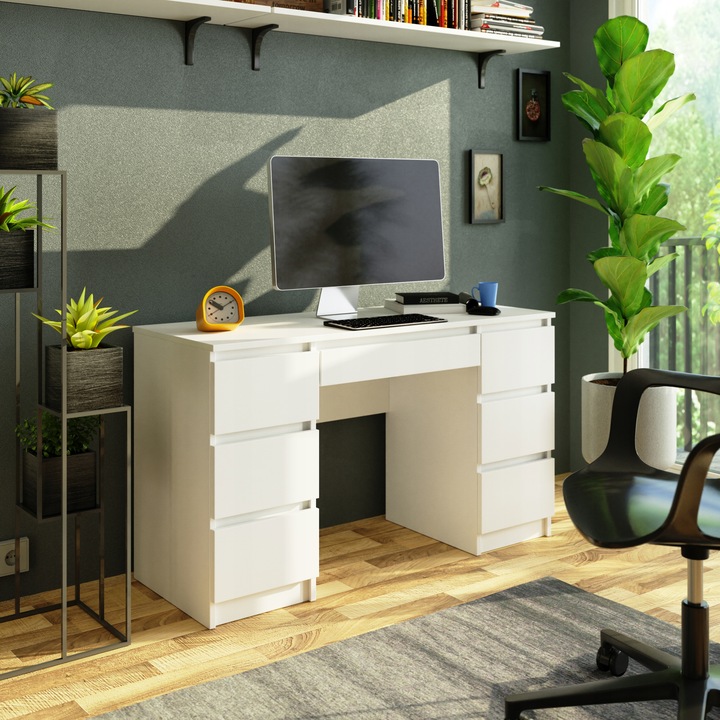 BIURKO KOMPUTEROWE 130CM 7 SZUFLAD BIAŁE BIAŁY DUŻE