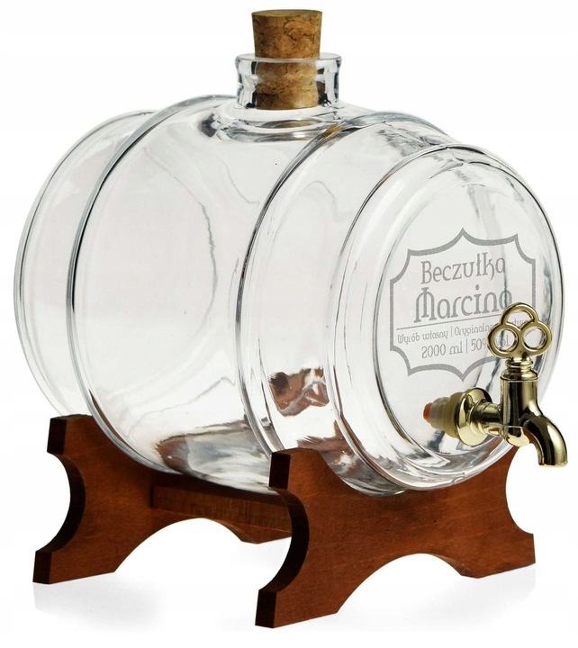Beczka szklana antałek beczułka karafka 2L z kranikiem GRAWEREM na
