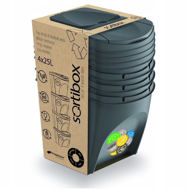 KOSZE POJEMNIKI SEGREGACJA ŚMIECI 4X25L SZARY KAMIENNY