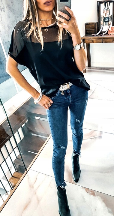 . BLUZKA TIULOWA Z SIATECZKĄ LUŹNA ELEGANCKA XL