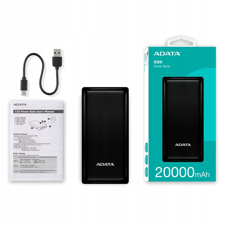 Mocny Powerbank ADATA 20000mAh USB-C czarny C20