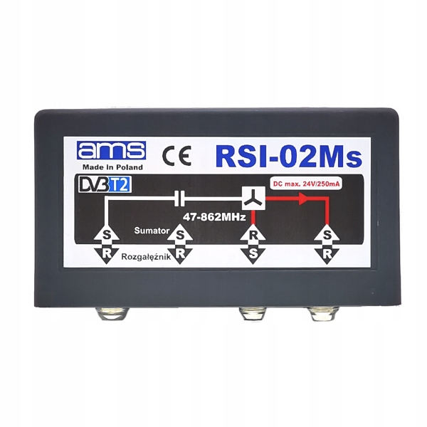 Rozgałęźnik do 2 TV sumator antenowy DVB-T2 zewnętrzny RSI-02Ms AMS