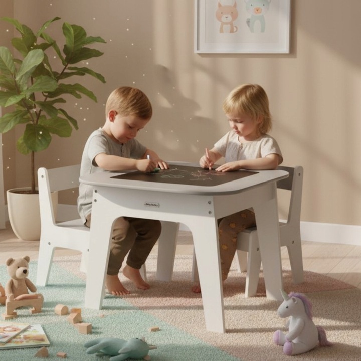 Stolik drewniany z krzesłami BIAŁY dzieci Zabawa Nauka Olaf Milly