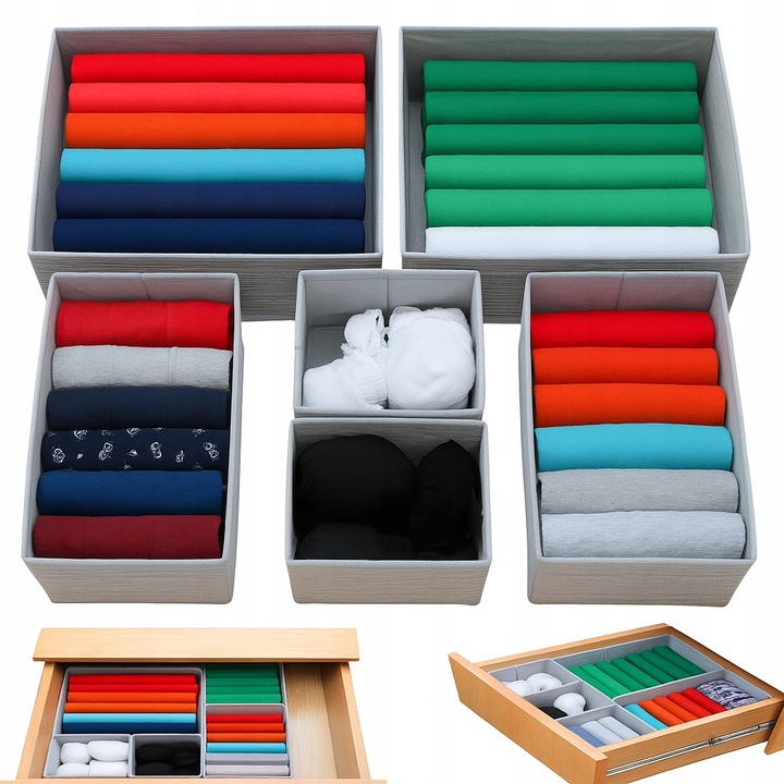 ZESTAW 6 ORGANIZERÓW ORGANIZER NA BIELIZNĘ DO SZUFLADY SZAFY POJEMNIKI