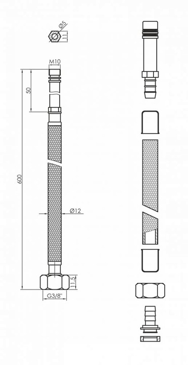 Wąż wężyk do baterii komplet 2 szt CZARNY 3/8 x M10 60 cm N-W