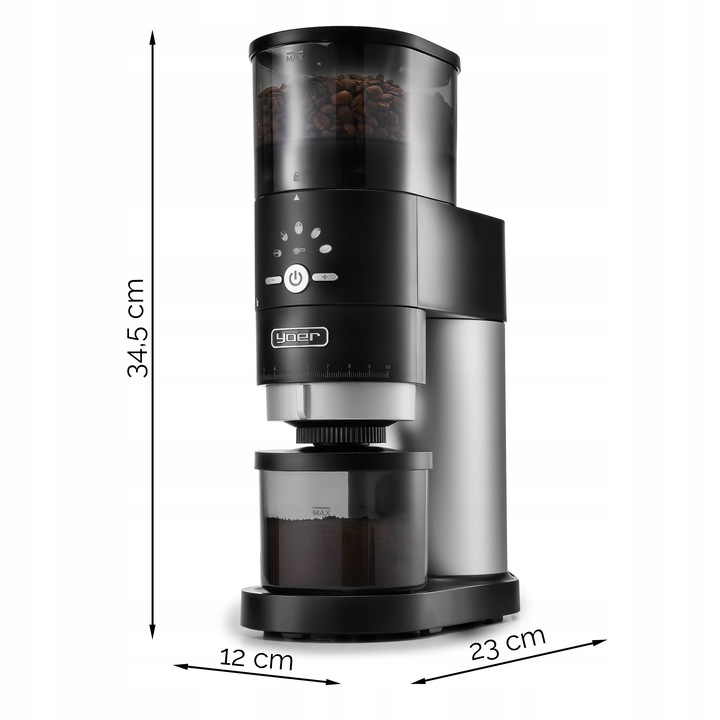 Żarnowy elektryczny młynek kawy Yoer 350W automatyczny +43 Poziomy
