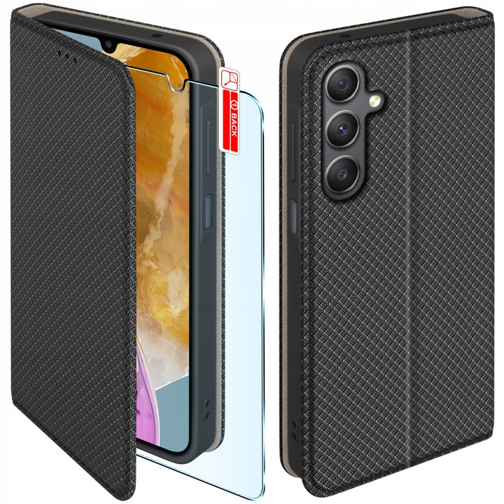 Etui z klapką do Samsung Galaxy M15 5G Zamykane Czarne Futerał +Szkło 9H