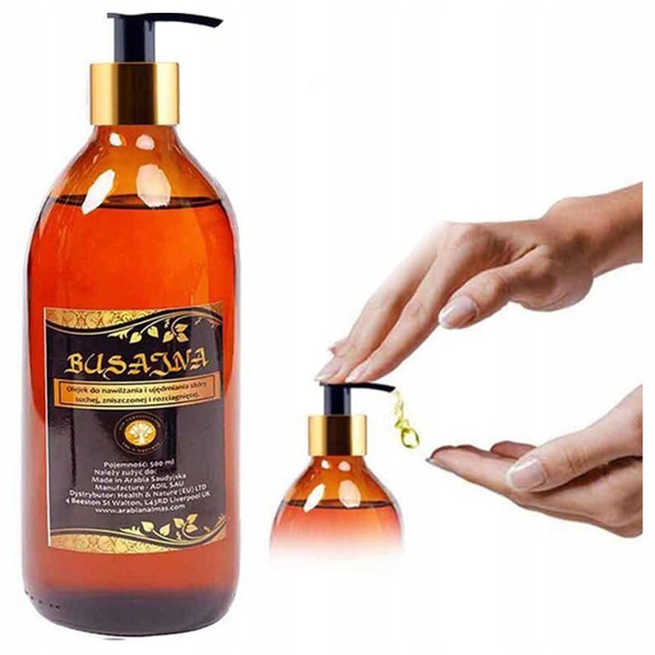 OLEJEK BUSAJNA 500ML UJĘDRNIA NAWILŻA NA SKÓRĘ SUCHĄ ROZCIĄGNIĘTĄ + POMPKA