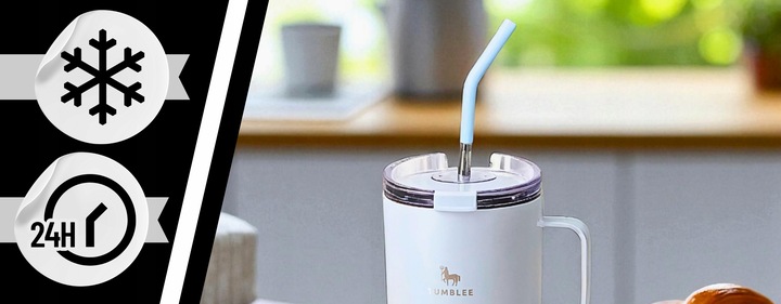 Kubek Termiczny z WYGODNYM Uchwytem i STALOWĄ Słomką TEMPERATURA DO