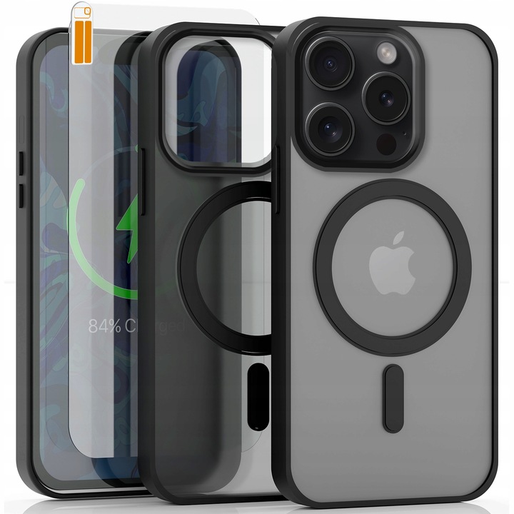 Etui Magsafe Do Apple iPhone 15 Pro (Czarne Matowe, Wzmacniane) + Szkło 9h