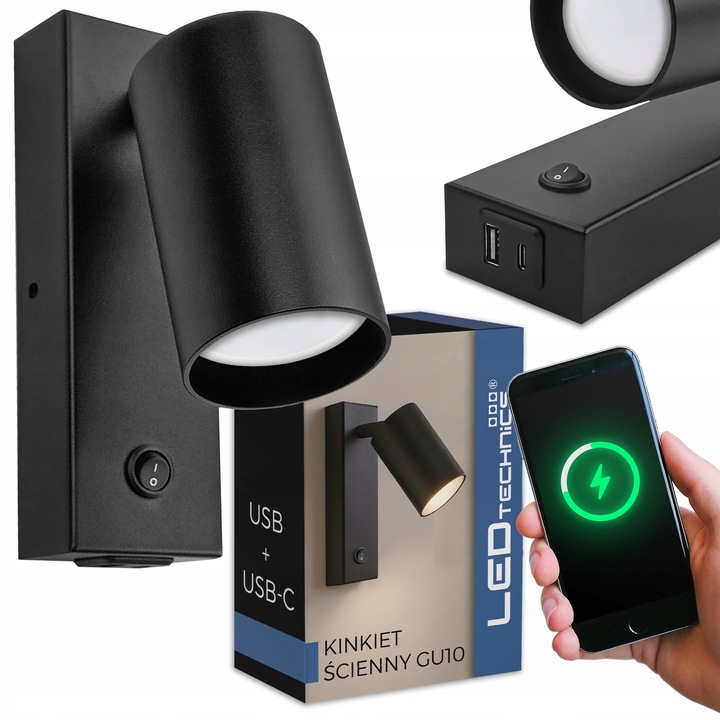 Kinkiet Ścienny Lampka LED z włącznikiem NOCNA NAD ŁÓŻKO + USB USB-C
