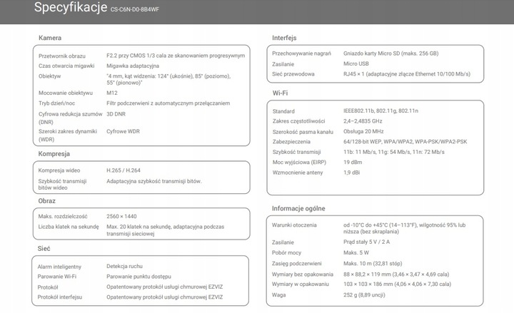 Kamera EZVIZ obrotowa wewnętrzna 4MP CSC6N IP WIFI